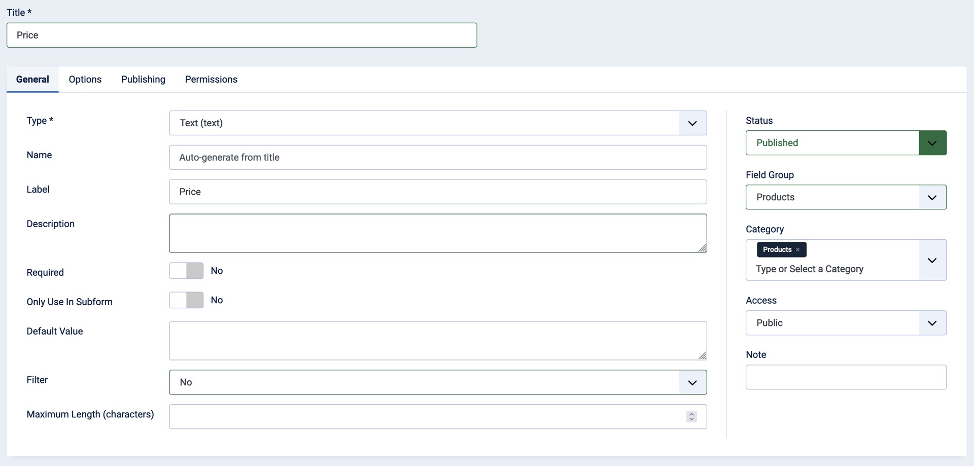 Default Fields Text list marked