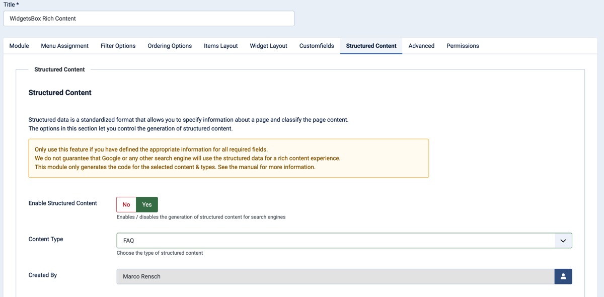 Structured Content in WidgetsBox (FAQ) struct content faq